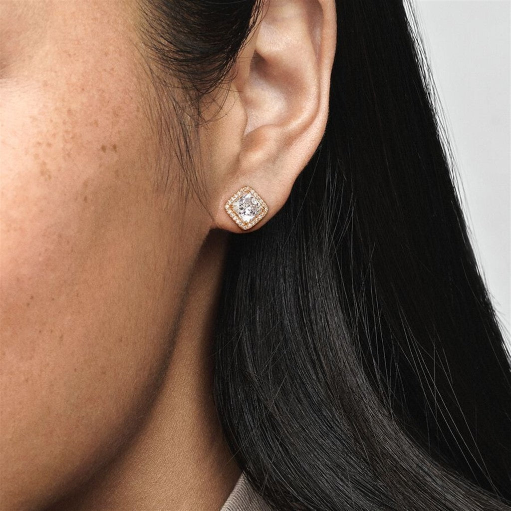 Pandora Timeless Silver And 14K Gold Square Sparkle Halo Stud Earrings