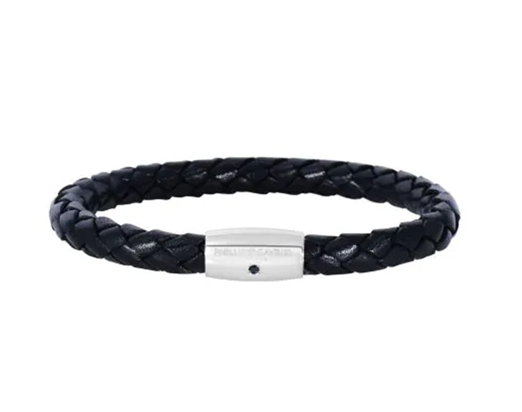 Woven Black Cow Leather Bracelet With Sapphire And Sterling Silver Barrel Clasp 8"