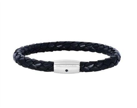 Woven Black Cow Leather Bracelet With Sapphire And Sterling Silver Barrel Clasp 8"