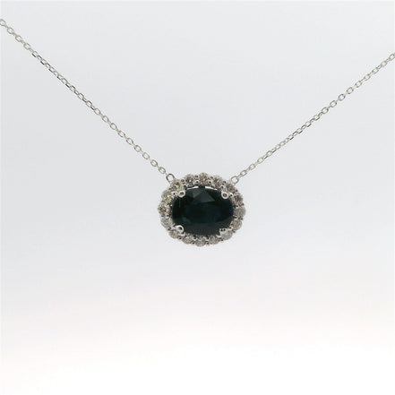 14K White Gold Sapphire and Diamond Oval Shaped East/West Pendant Necklace