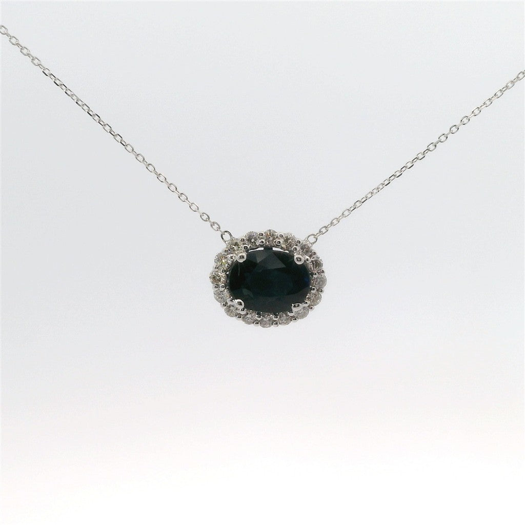 14K White Gold Sapphire and Diamond Oval Shaped East/West Pendant Necklace