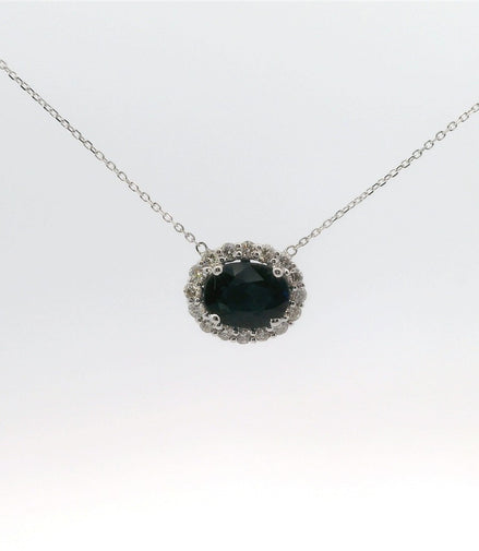 14K White Gold Sapphire and Diamond Oval Shaped East/West Pendant Necklace