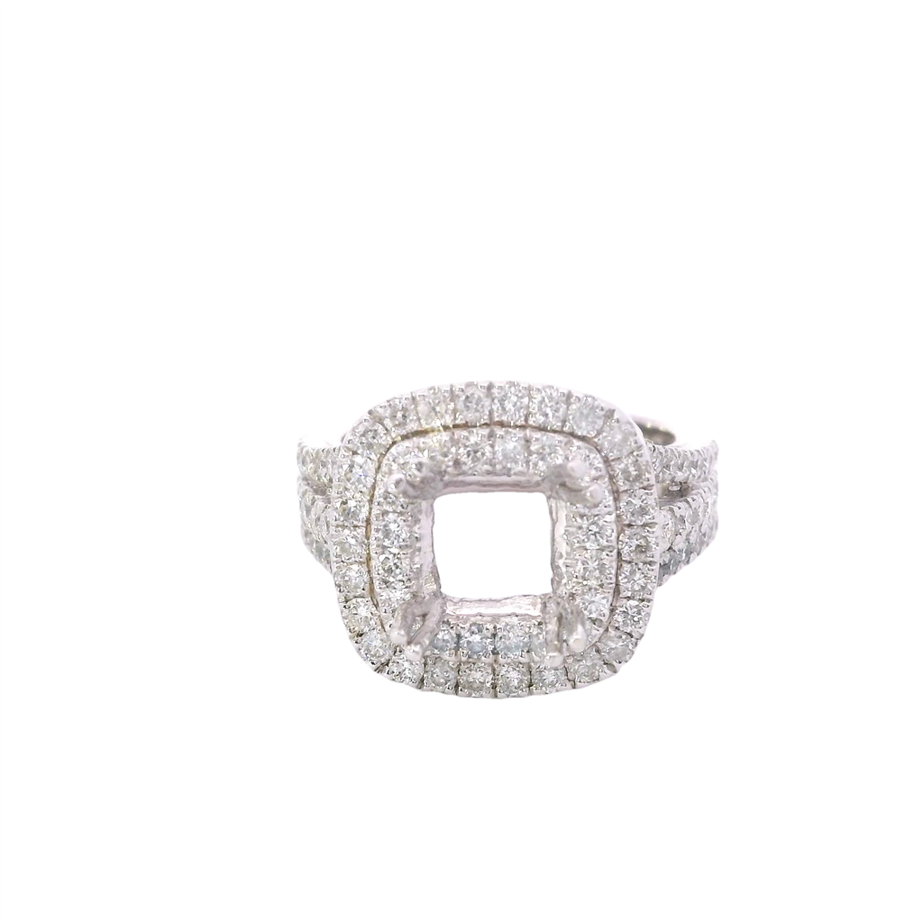 14K White Gold 1.54Ctw Double Halo 3 Row Shank Diamond Engagement Ring