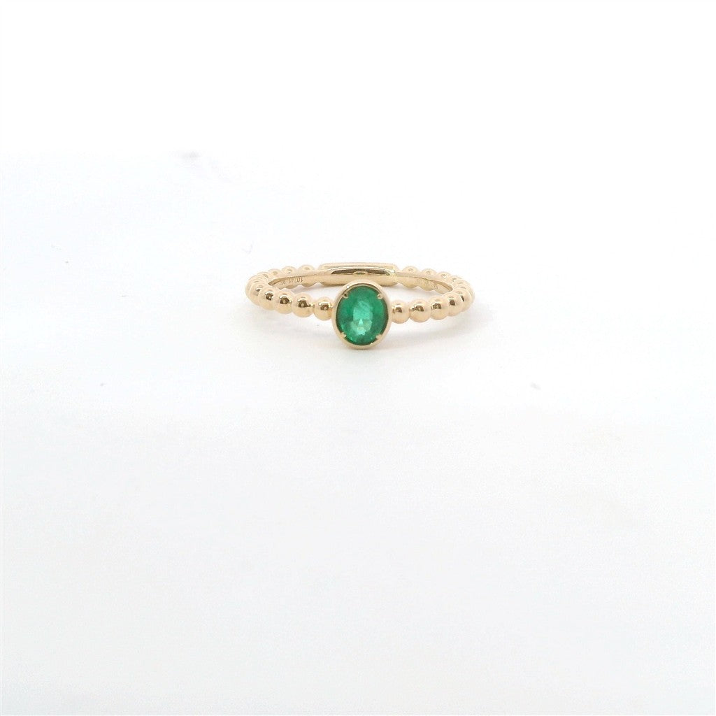 14K Yellow Gold And 0.35 Ct Oval Shaped Emerald Beaded Stackable Fashion Ring