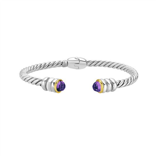 Phillip Gavriel Silver And 18K Amethyst Cable Hinge Open Cuff Bangle Bracelet