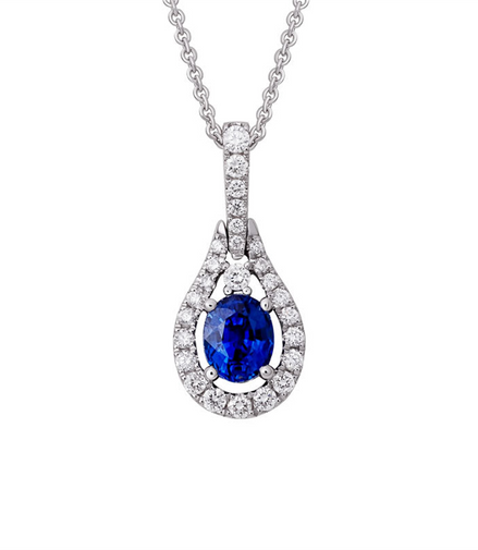 14K White Gold Daimond And Sapphire Oval Shaped Pendant Necklace