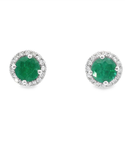 Ladies 14K White Gold Emerald And Diamond Round Earrings