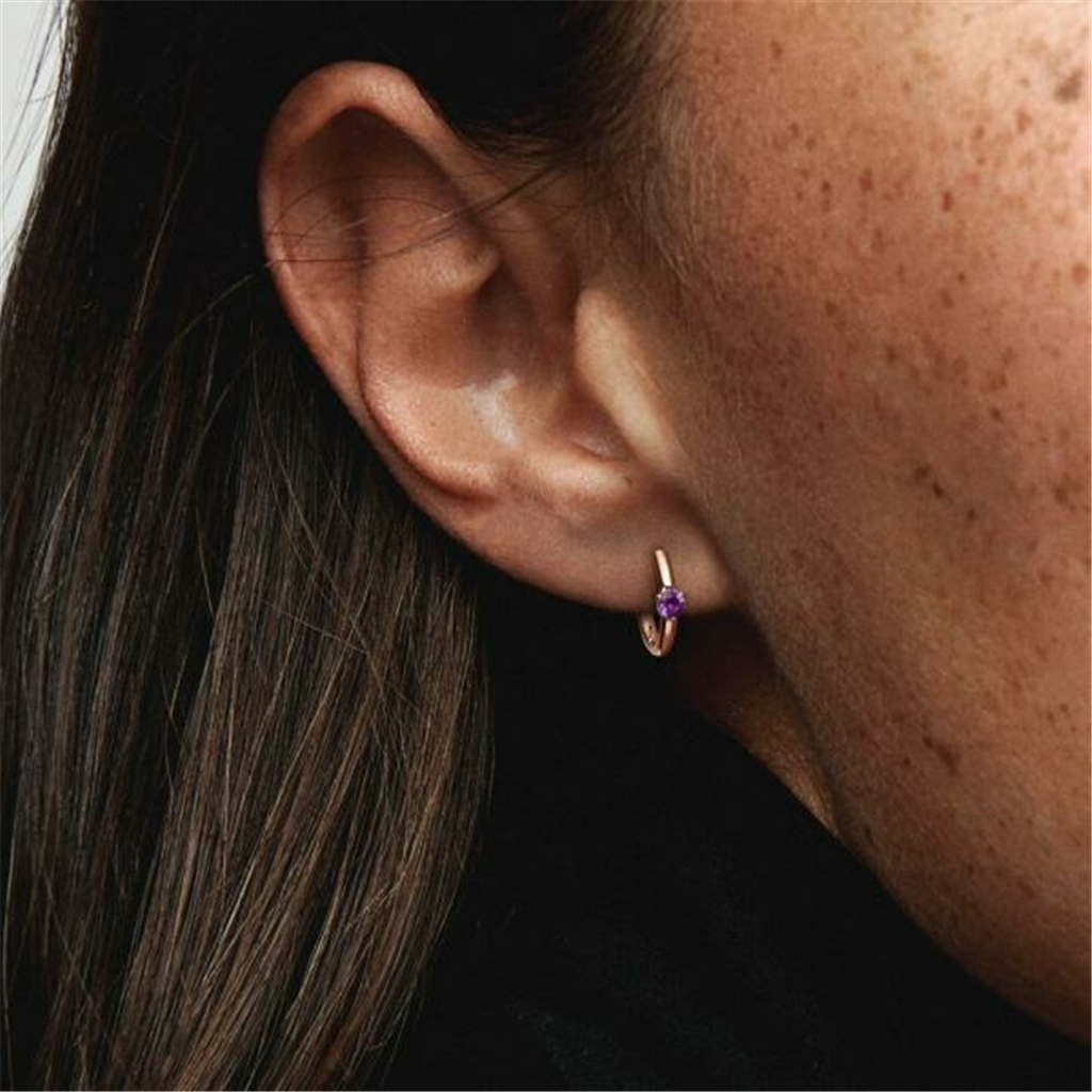 Pandora Moments Rose And Purple Solitaire Huggie Hoop Earrings