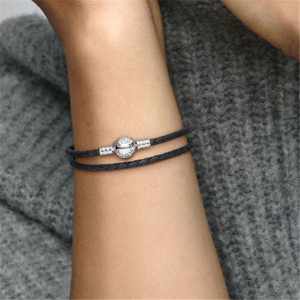 Pandora Moments Black Braided Double-Leather Charm Bracelet Size D2