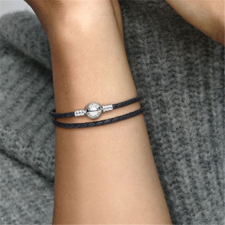 Pandora Moments Black Braided Double-Leather Charm Bracelet Size D2