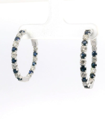 14K White Gold Sapphire And Diamond Inside/Out Hoop Earrings