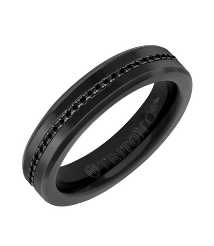 Triton Black Tungsten Carbide Ring with Eternity Black Sapphires and Broken Edge Size 11