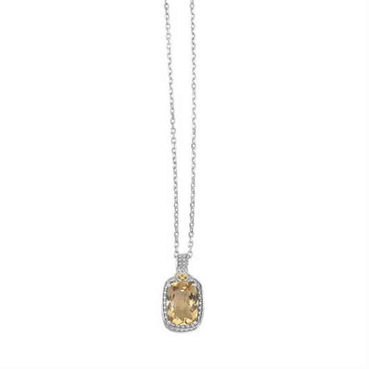Ladies 18K Gold & Silver Honey Quartz Pendant on Diamond Cut Oval Chain