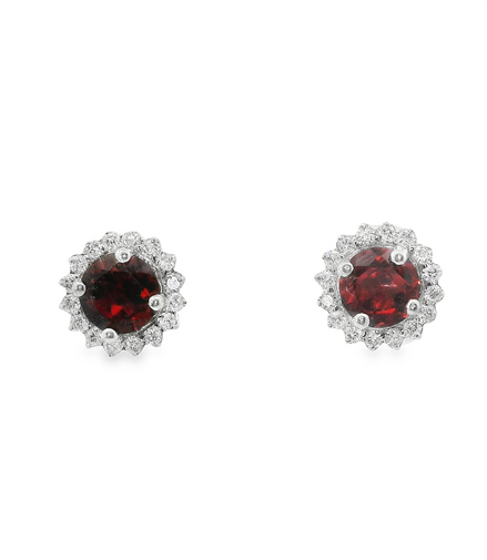 Ladies 14K White Gold Garnet And Diamond Round Earrings