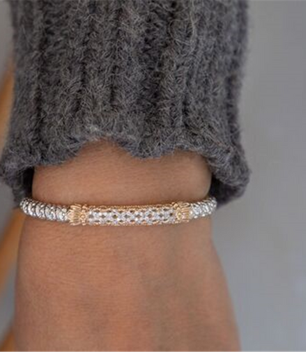 Vahan 14K Gold And Sterling Silver Diamond Lattice Style 6mm Closed Bracelet