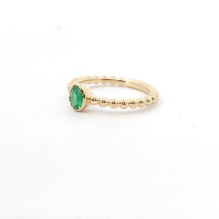 14K Yellow Gold And 0.35 Ct Oval Shaped Emerald Beaded Stackable Fashion Ring
