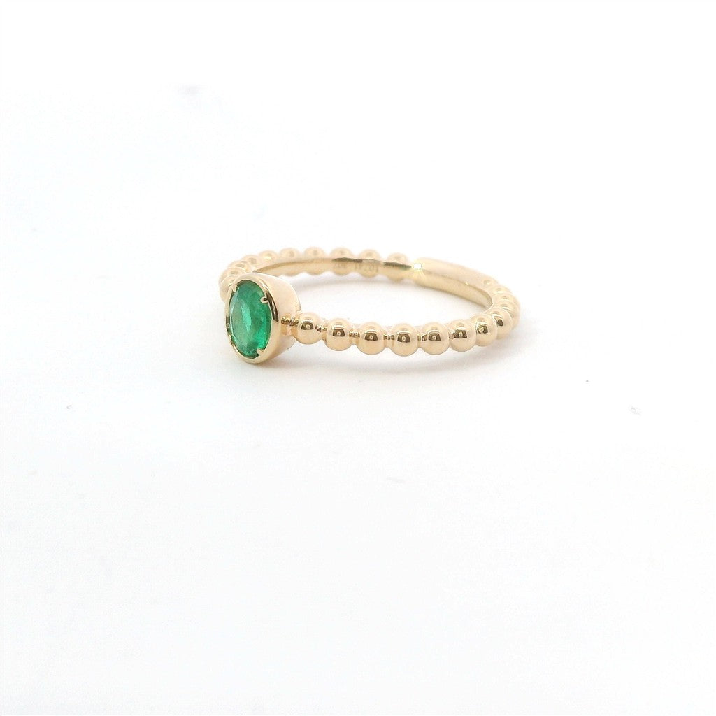 14K Yellow Gold And 0.35 Ct Oval Shaped Emerald Beaded Stackable Fashion Ring