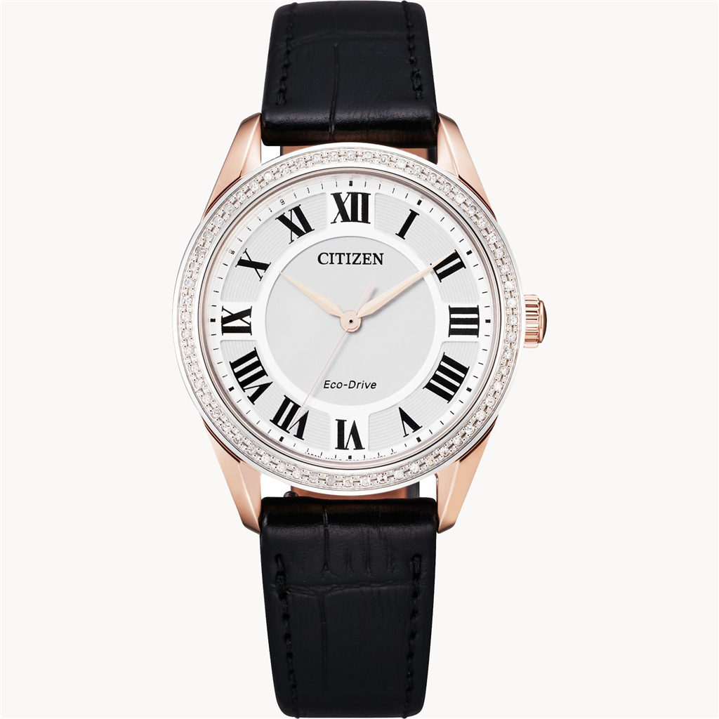 Ladies' Citizen Eco-Drive Arezzo Diamond Black Leather Strap Watch