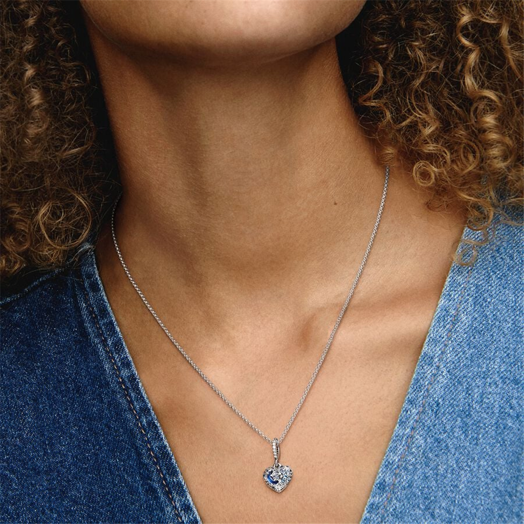 Pandora Sparkling Blue Moon & Stars Heart Necklace 50"