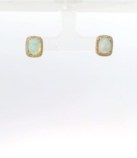 14K Yellow Gold Opal and Diamond Emerald Shaped Earrings