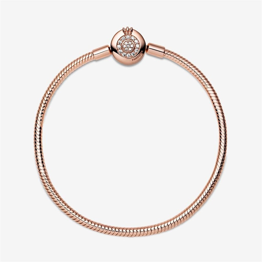 Pandora Signatures Rose Sparkling Crown O Snake Chain Bracelet Size 17