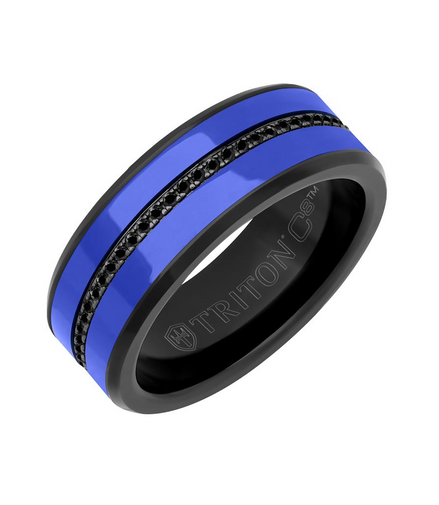 Triton Tungsten Carbide with Blue Ceramic Inlays and Black Sapphires Wedding Band Size 10