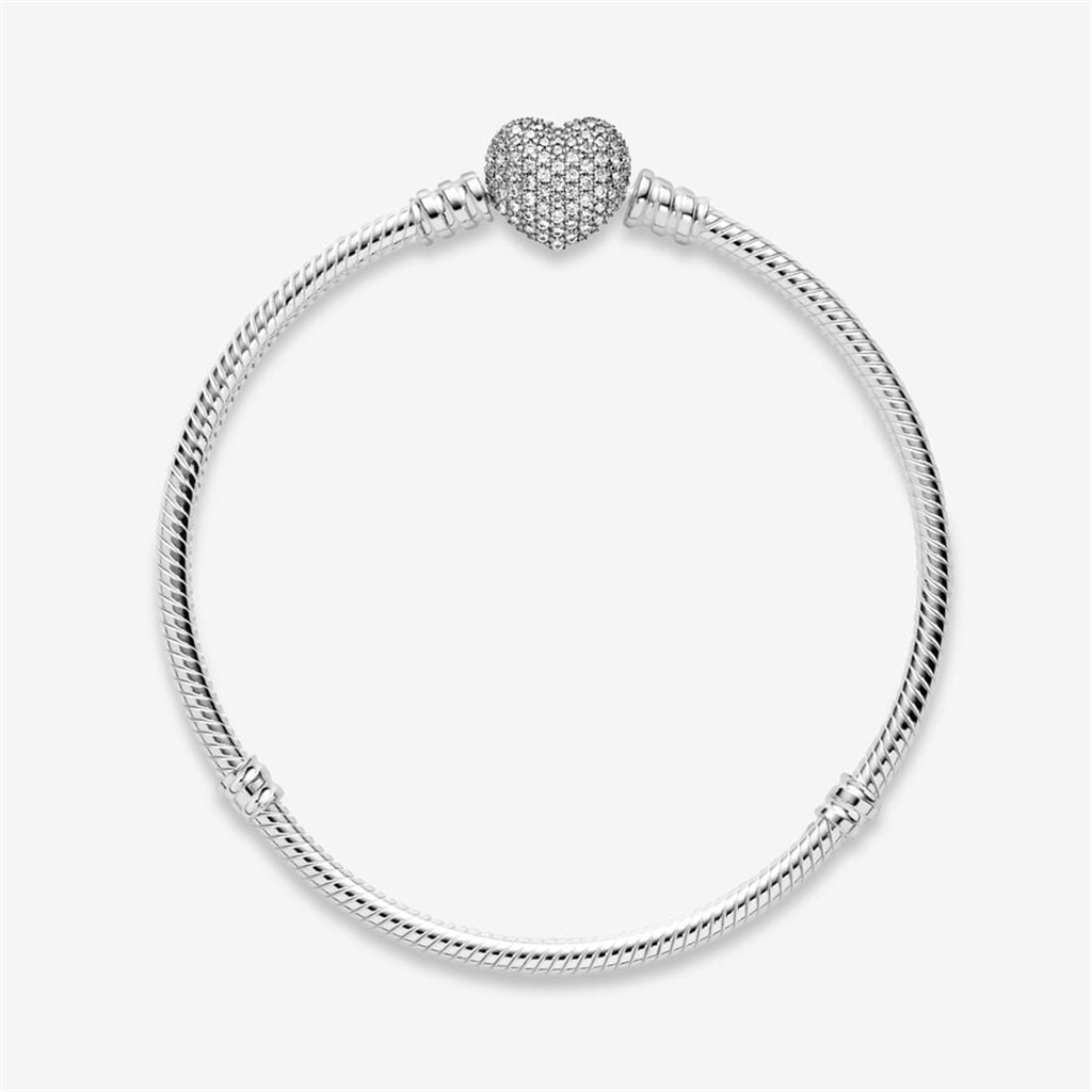 Pandora Moments Sparkling Heart Clasp Snake Chain Bracelet Size 19