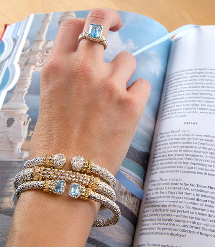 Vahan 14K Gold And Sterling Silver Diamond And Sky Blue Topaz 4mm Open Bracelet