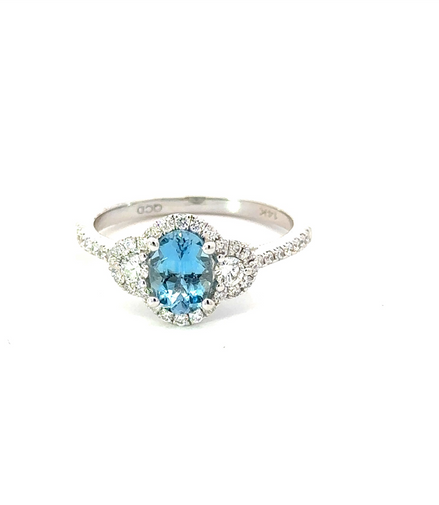 0.41 Diamond & 0.71 Ctw Aquamarine Oval Shaped Gemstone Ring