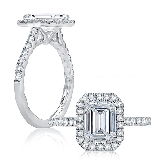 A.JAFFE Emerald Cut Diamond Halo Engagement Ring with Quilted Interior