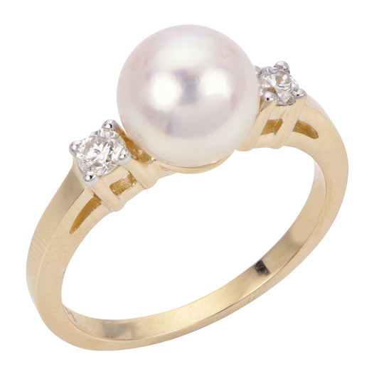 Imperial Pearl Ladies 14KT Yellow Gold Akoya Pearl And Diamond Ring Size 8