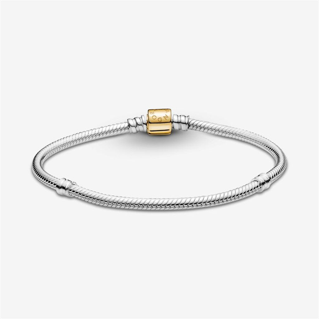 Pandora Moments Sterling Silver And 14K Gold Barrel Clasp Snake Chain Bracelet Size 19