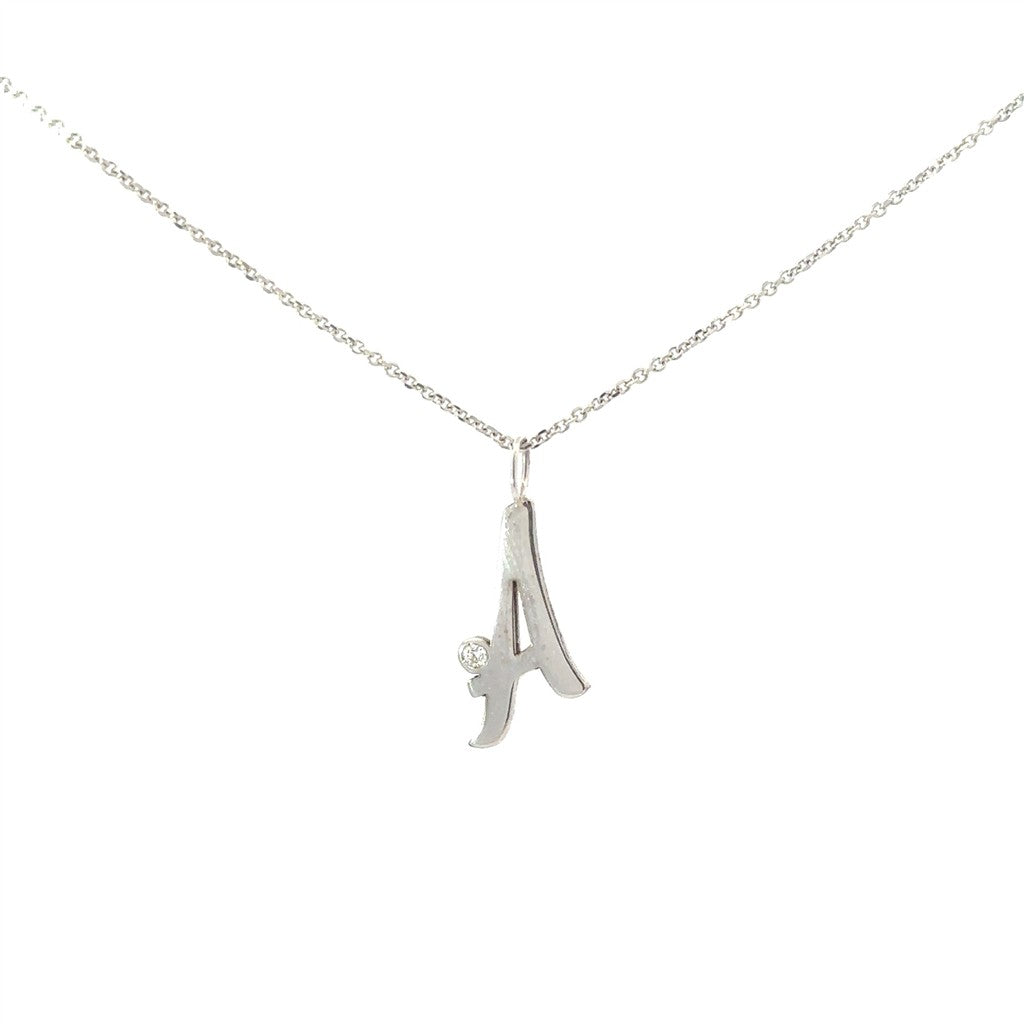 114Kwg 5Mm Script Letter "A" With Diamond Bezel and chain