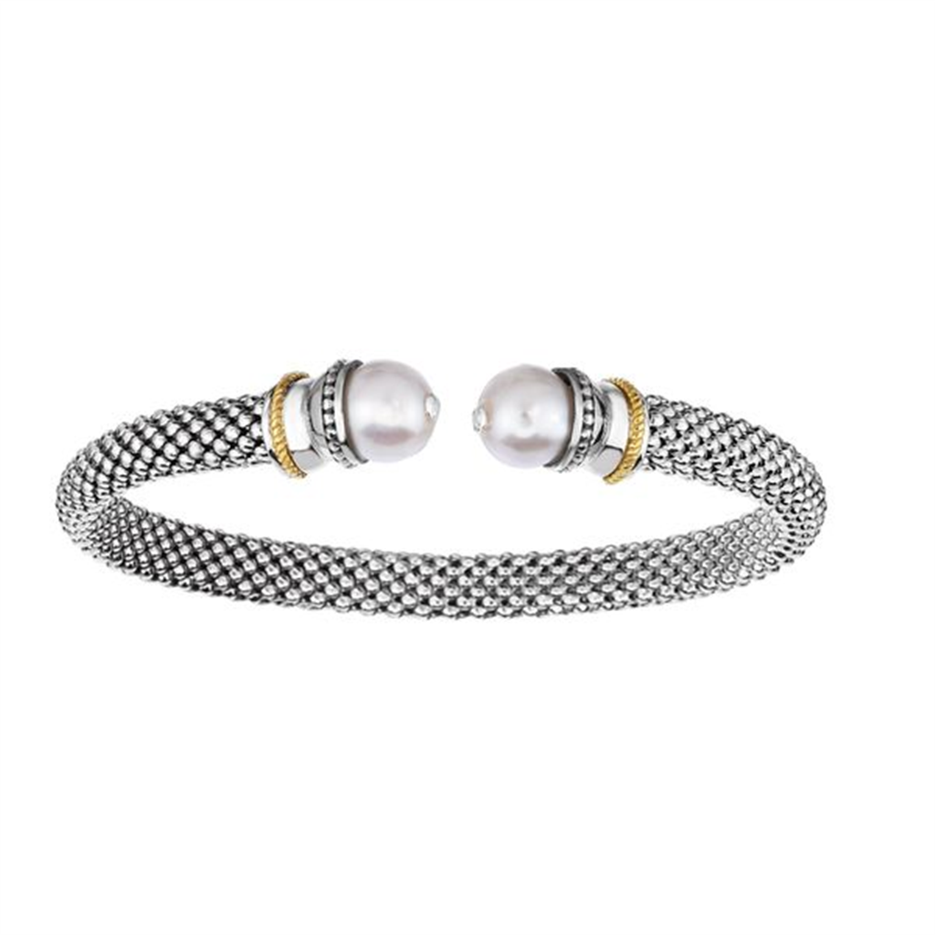 Phillip Gavriel Silver And 18K Gold Fresh Water Pearl Popcorn Open Cuff Bangle Bracelet