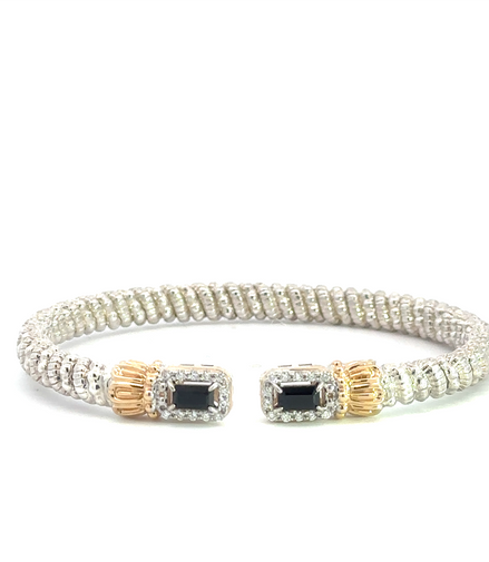 Vahan 14K Gold And Sterling Silver Diamond With Black Onyx 4mm Open Cuff Bracelet