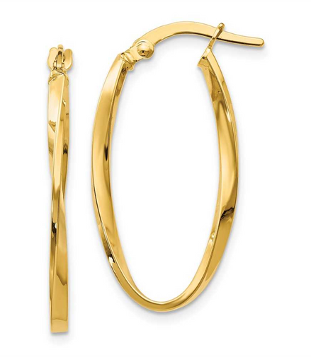 Ladies 14K Yellow Gold Twisted Oval Hoop Earrings