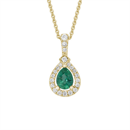 14K Yellow Gold Emerald and Diamond Pear Shaped Pendant Necklace