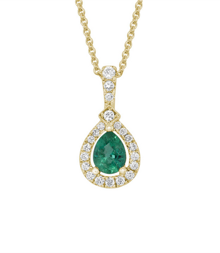 14K Yellow Gold Emerald and Diamond Pear Shaped Pendant Necklace