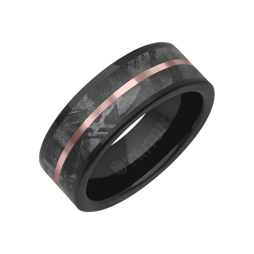 Triton Tungsten Carbide and Meteorite Inlay with Center Line and Flat Edge Band