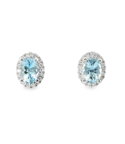 Ladies 14K White Gold Aquamarine And Diamond Oval Earrings