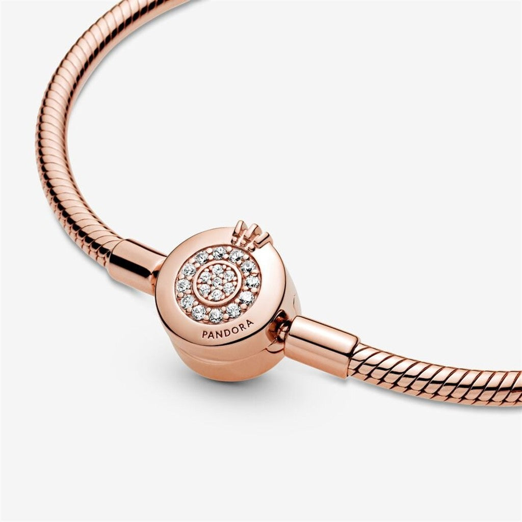 Pandora Signatures Rose Sparkling Crown O Snake Chain Bracelet Size 17