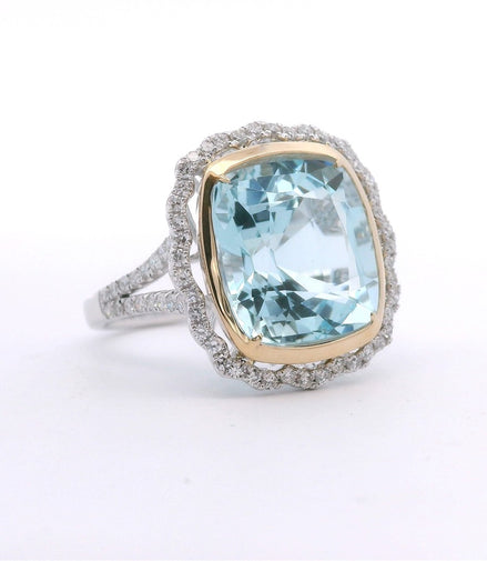 14K White Gold Aquamarine & Diamond Cushion Cut Fashion Ring