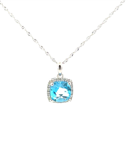 14K White Gold Diamond And Blue Topaz Pendant Necklace