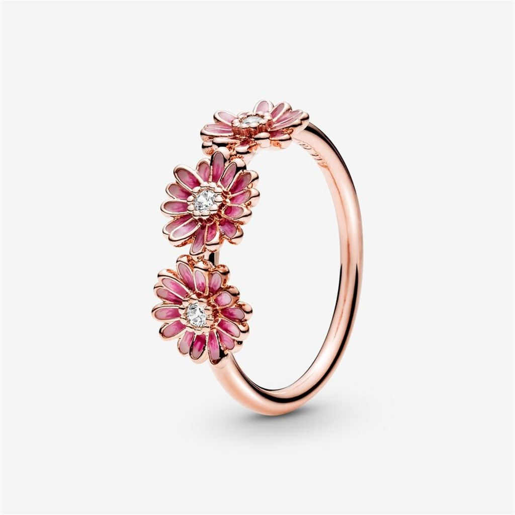 Pandora Moments Pink Daisy Flower Trio Ring Size 6