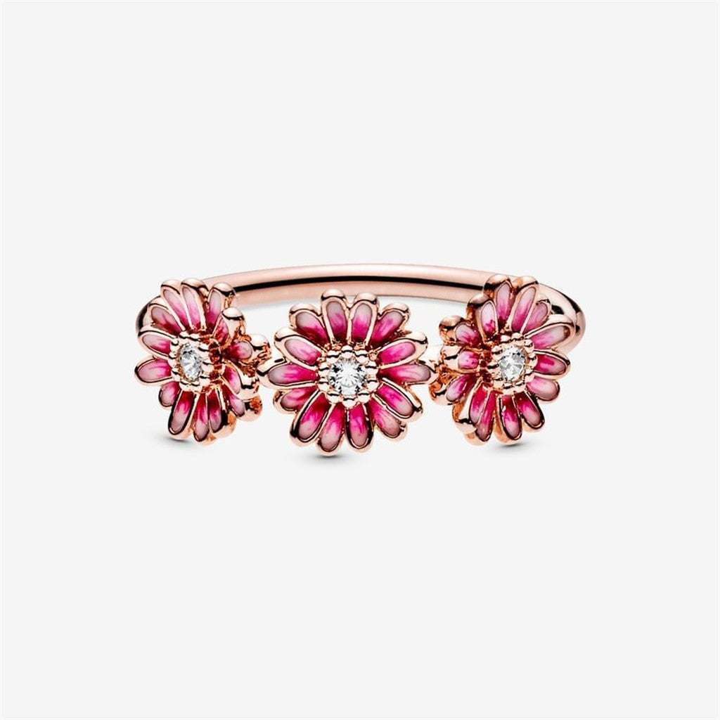 Pandora Moments Pink Daisy Flower Trio Ring Size 6