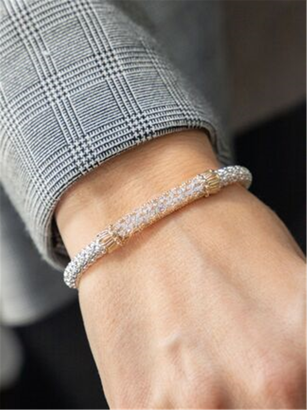 Vahan 14K Gold And Sterling Silver Diamond Lattice Style 6mm Closed Bracelet