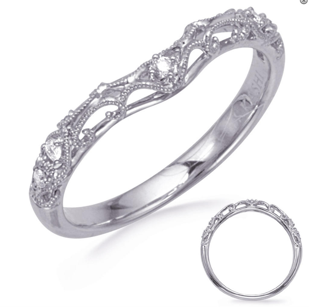14K White Gold And Diamond Curved Web Miligrained Wedding Band