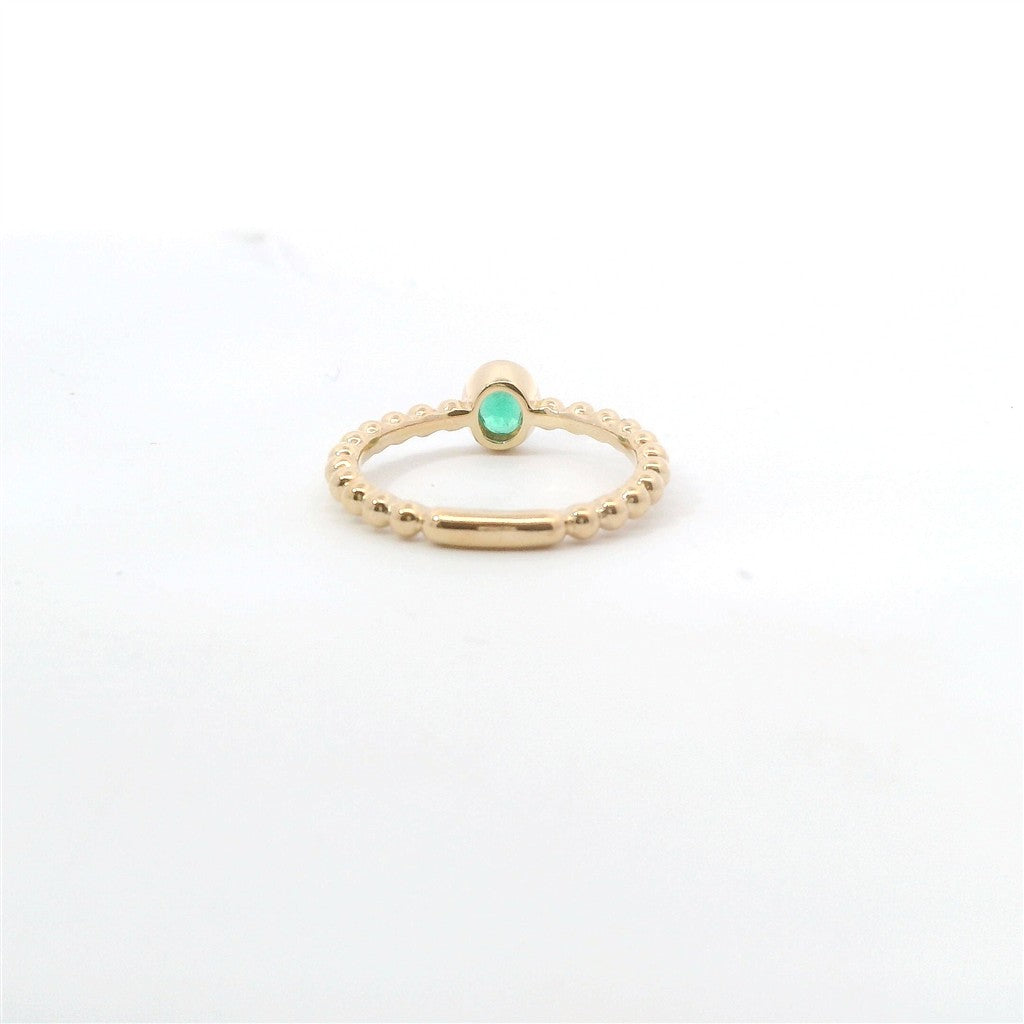 14K Yellow Gold And 0.35 Ct Oval Shaped Emerald Beaded Stackable Fashion Ring
