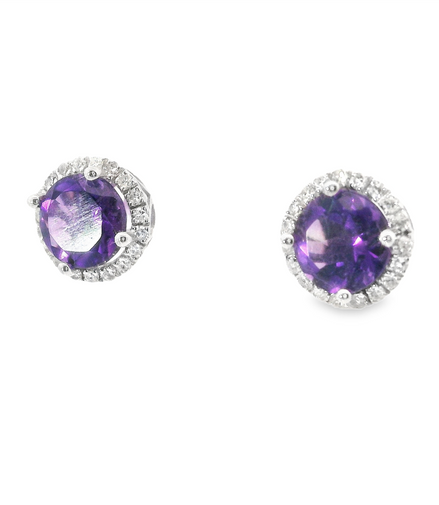 14K White Gold Diamond And Amethyst Halo Earrings