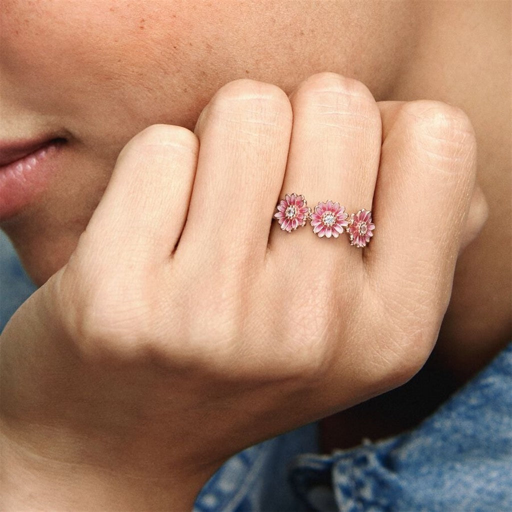Pandora Moments Pink Daisy Flower Trio Ring Size 6